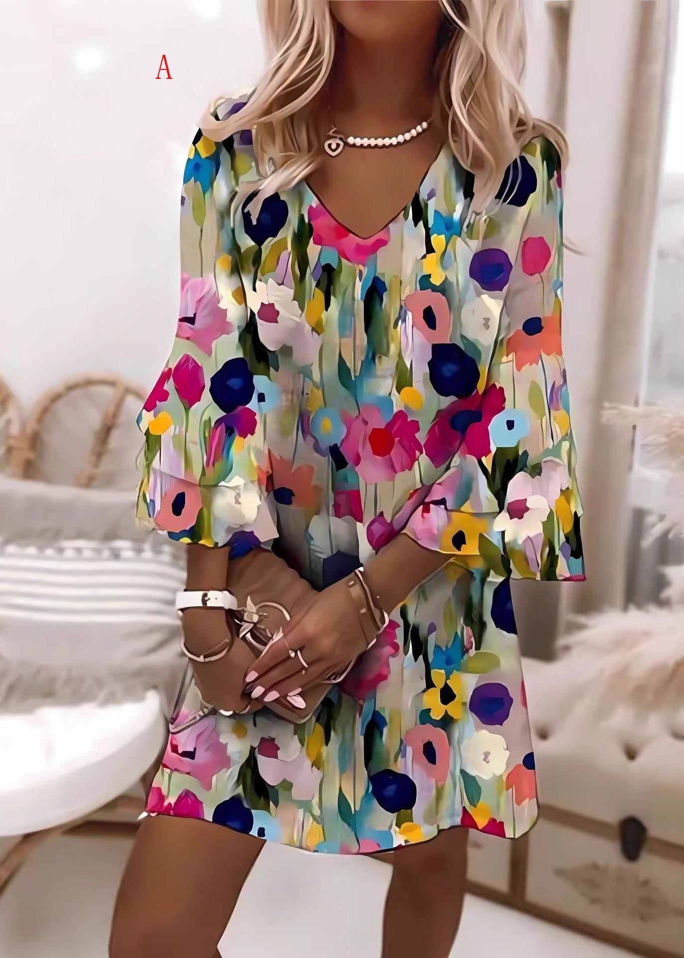Plus Size V Neck Print Cotton Mid Dress Summer