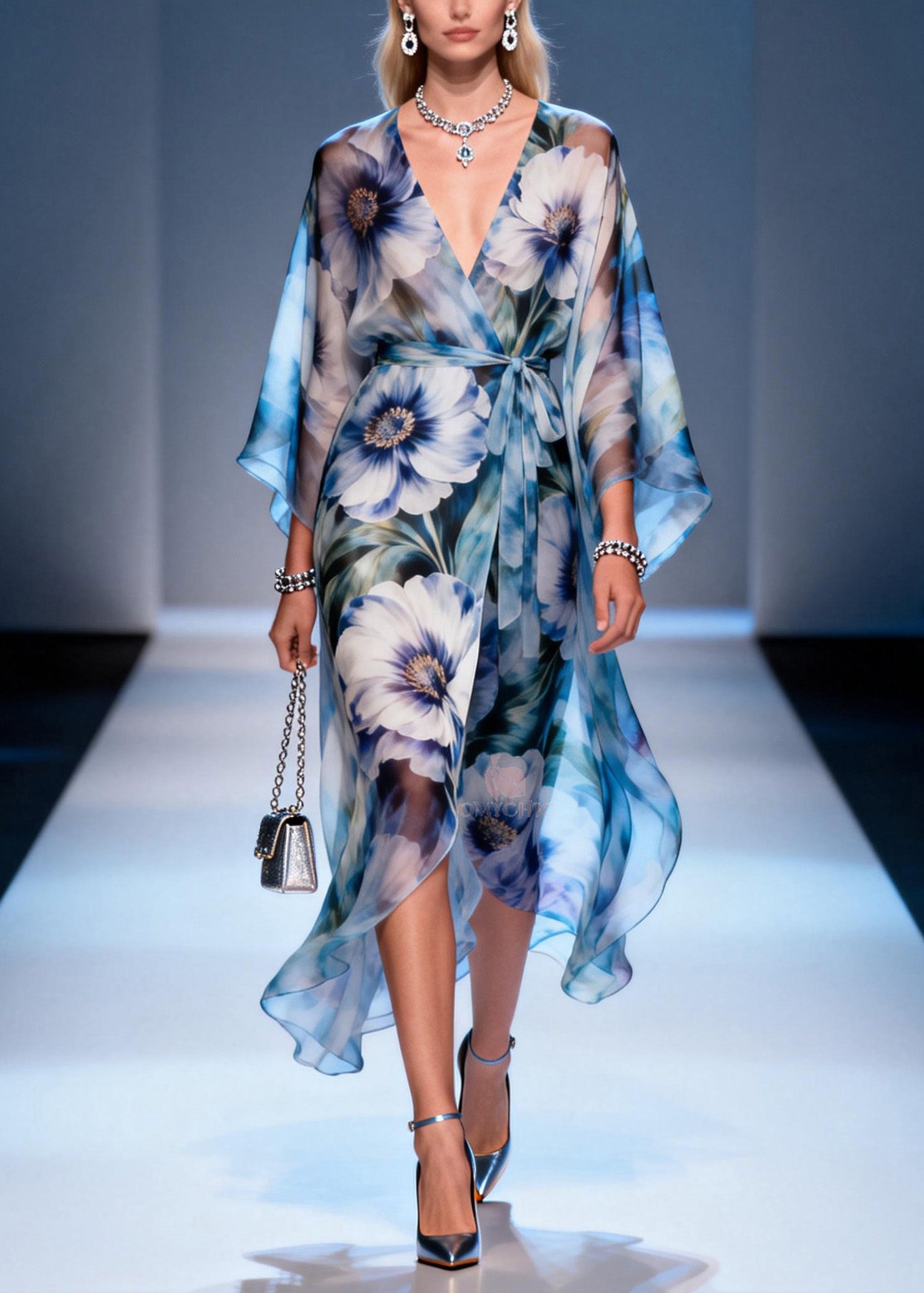 Floral Print Wrap Front Kimono Sleeve Tie Waist Maxi Dress