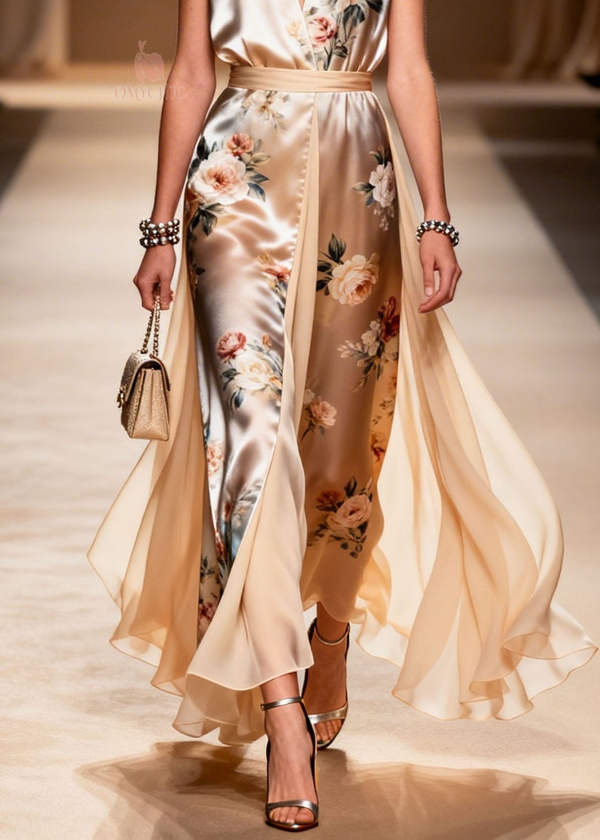 Floral Print Sleeveless V-Neck Belted Chiffon Panel Wrap High Split Maxi Gown