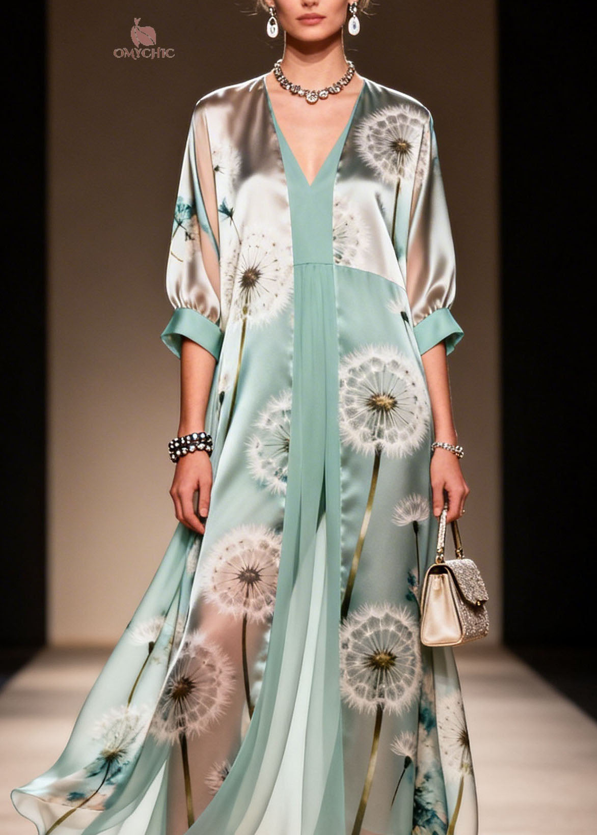 Dandelion Print Deep V-Neck Balloon Sleeve Pleated Inset Layered Chiffon Maxi Gown