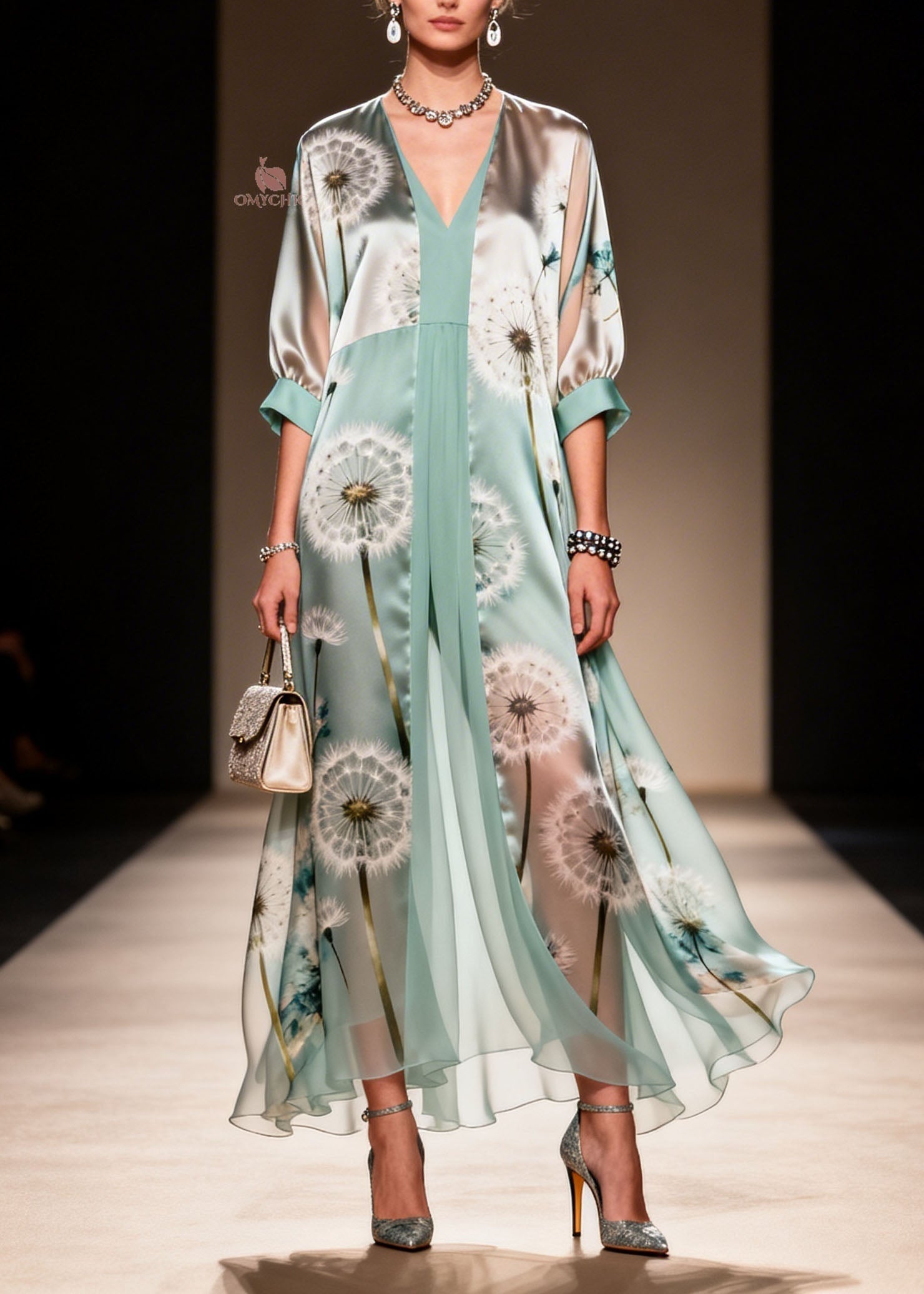 Dandelion Print Deep V-Neck Balloon Sleeve Pleated Inset Layered Chiffon Maxi Gown