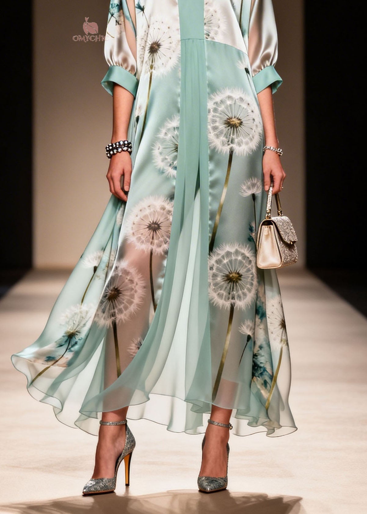 Dandelion Print Deep V-Neck Balloon Sleeve Pleated Inset Layered Chiffon Maxi Gown