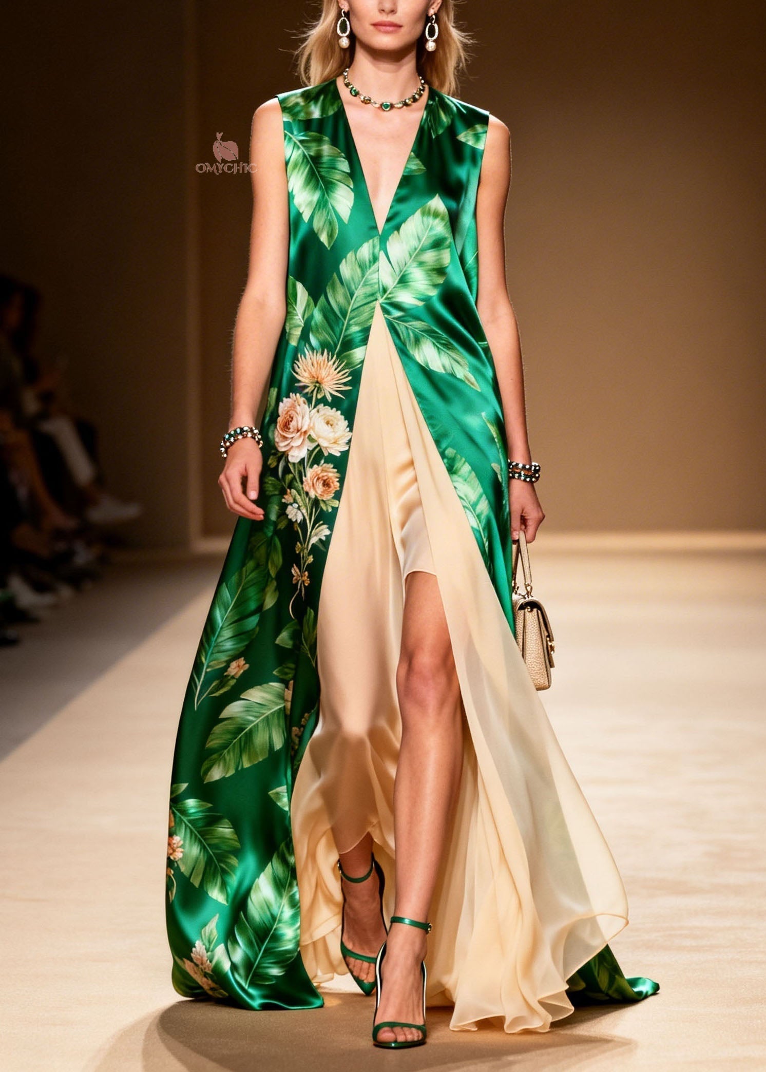 Satin Tropical Floral Deep V-Neck Sleeveless Faux Two-Piece Chiffon Panel Maxi Dress
