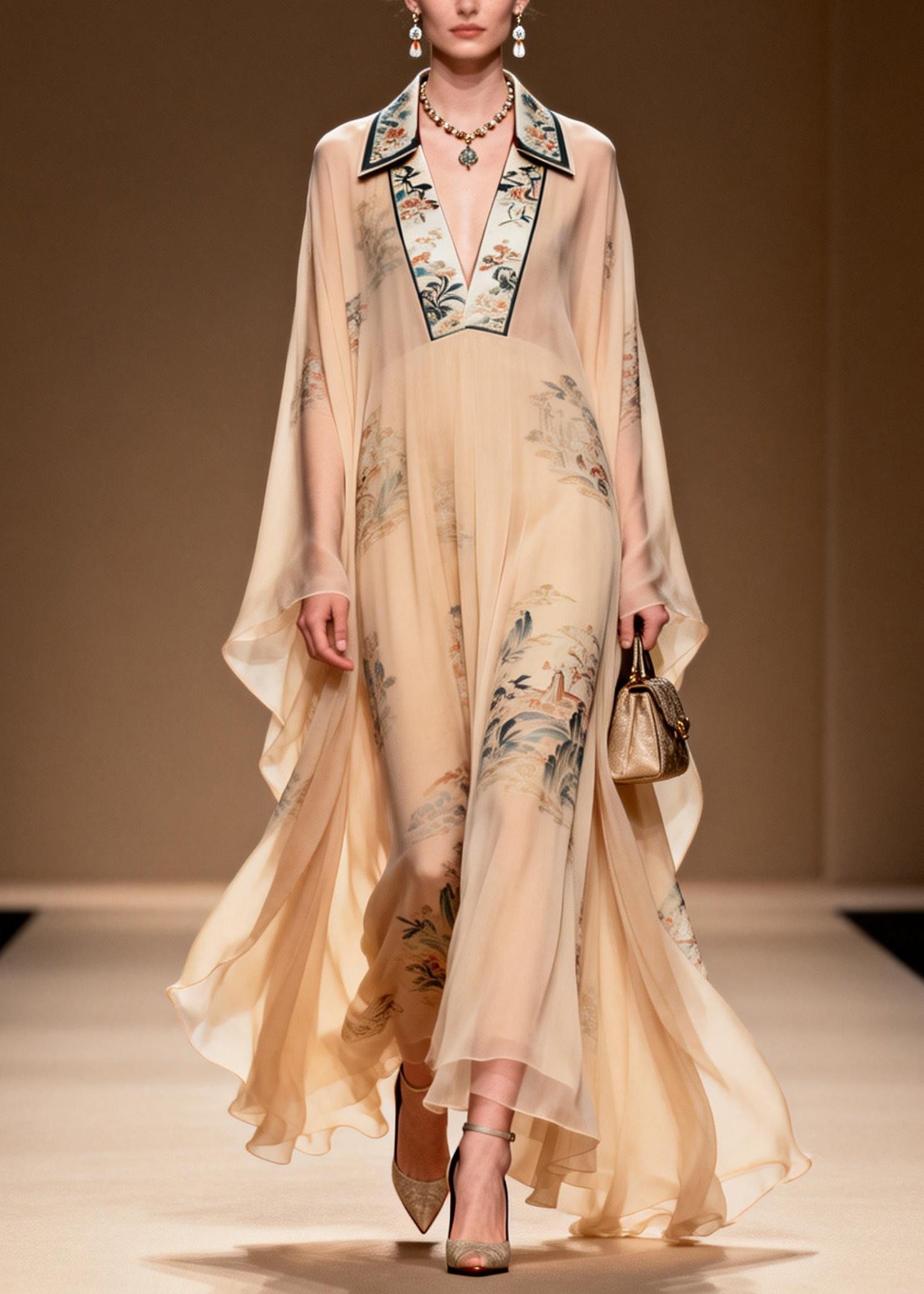 Landscape Print Mandarin Collar Deep V-Neck Cape Sleeve Kaftan Maxi Gown