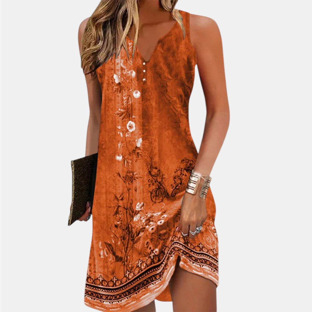 Floral Print V-Neck Sleeveless Border Hem Midi Dress