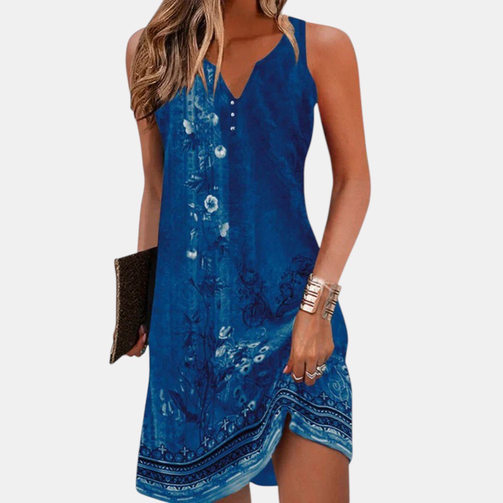 Floral Print V-Neck Sleeveless Border Hem Midi Dress