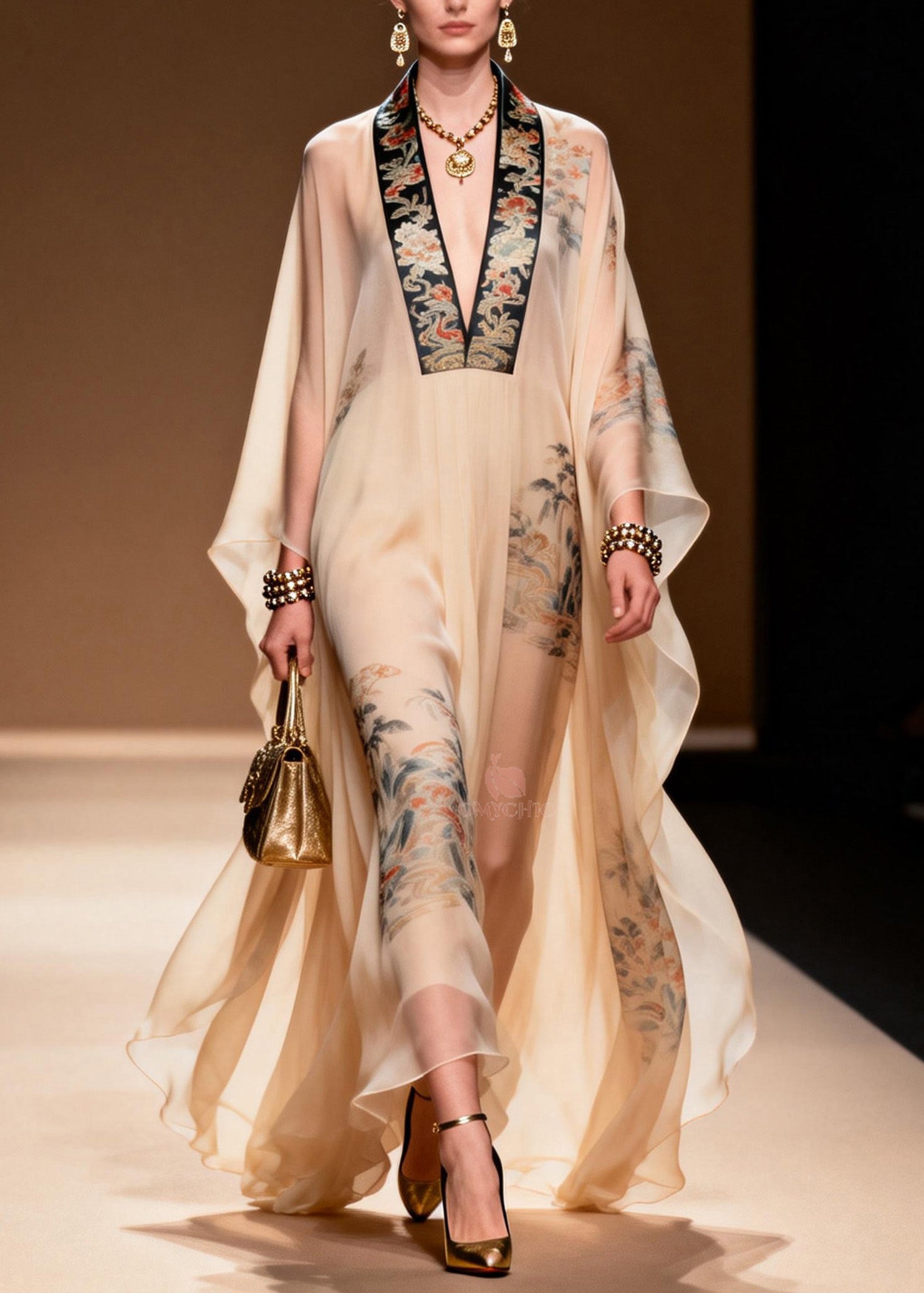 Oriental Embroidered Trim Deep V-Neck Cape Sleeve Chiffon Kaftan Maxi Gown