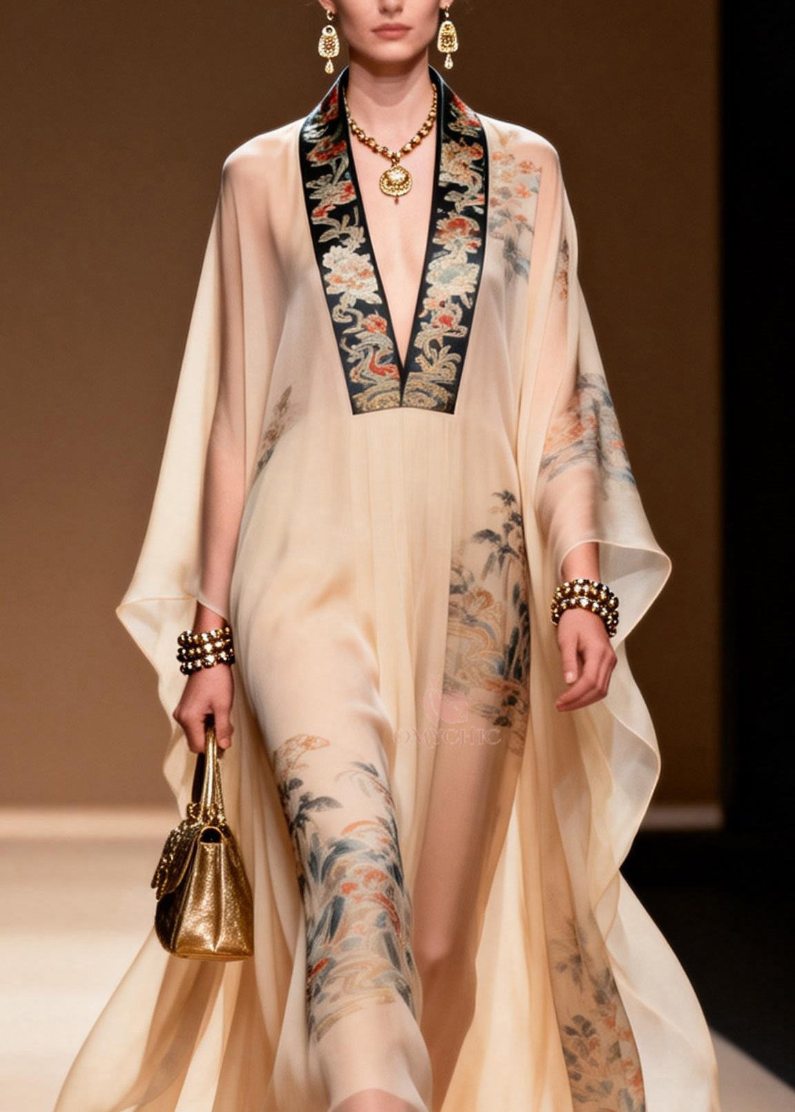 Oriental Embroidered Trim Deep V-Neck Cape Sleeve Chiffon Kaftan Maxi Gown