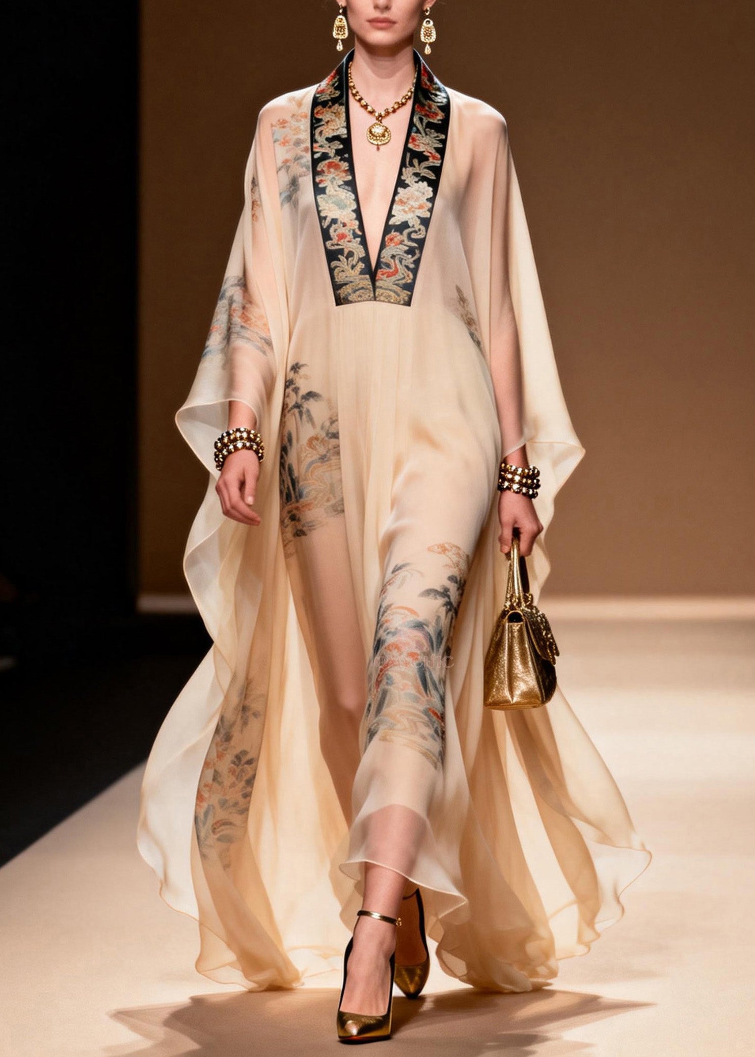 Oriental Embroidered Trim Deep V-Neck Cape Sleeve Chiffon Kaftan Maxi Gown