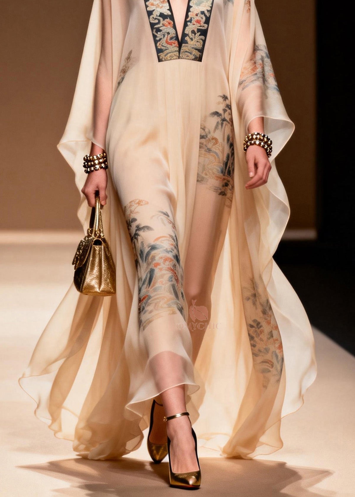 Oriental Embroidered Trim Deep V-Neck Cape Sleeve Chiffon Kaftan Maxi Gown
