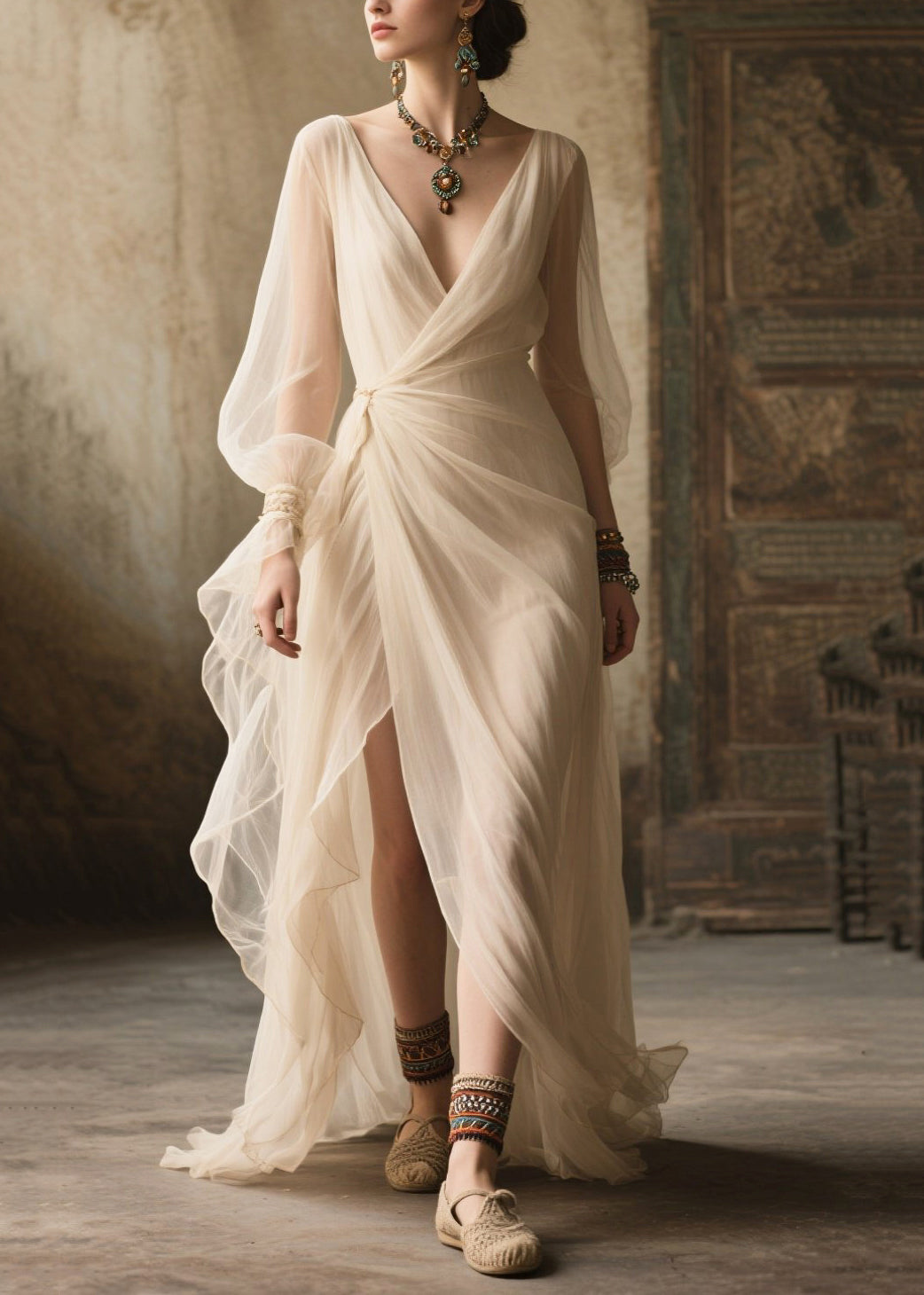 Chiffon Wrap V-Neck Bishop Puff Sleeve Draped Waist High Split Tiered Maxi Gown