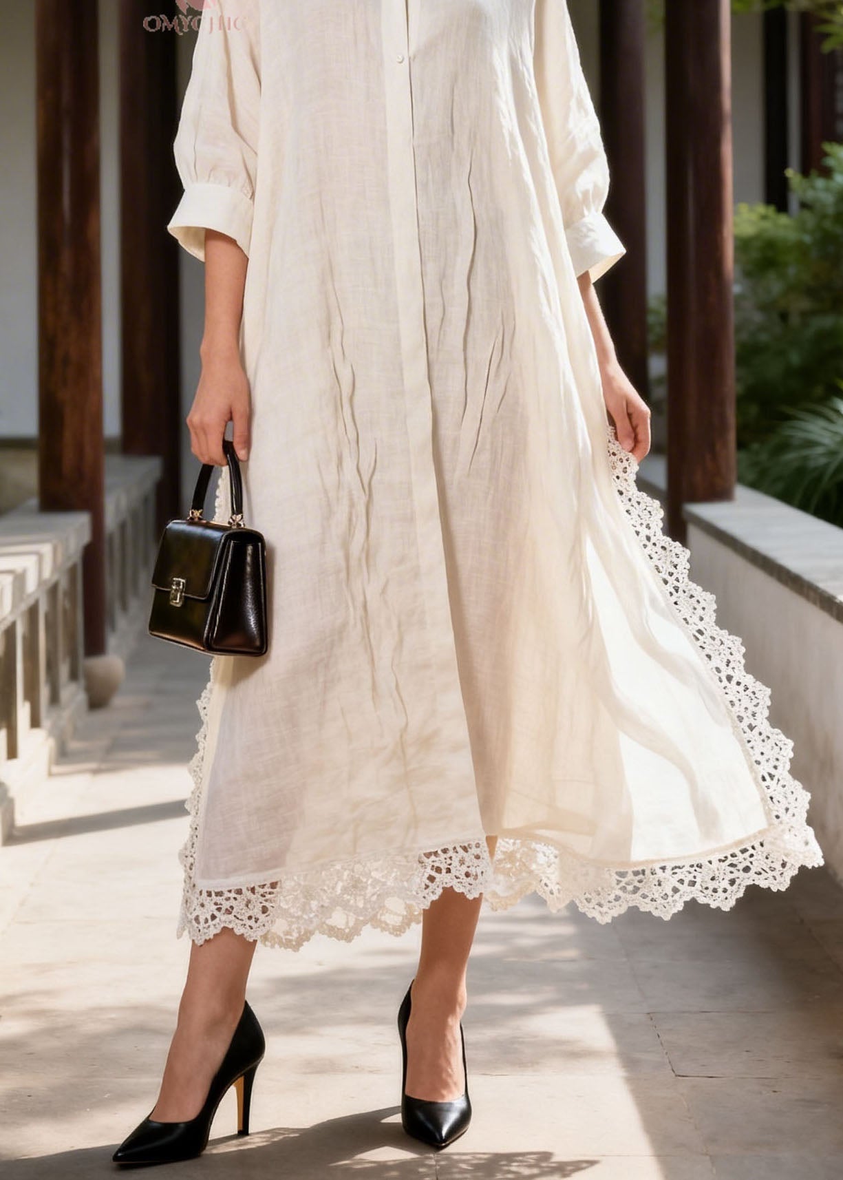 Plus Size White Peter Pan Collar Lace Patchwork Cotton Dress Summer