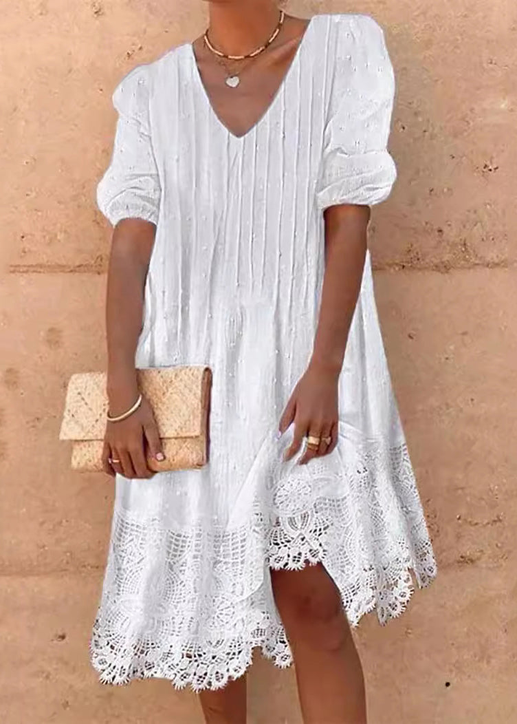 Swiss Dot Pintuck Pleat V-Neck Puff Sleeve Crochet Lace Hem Midi Dress