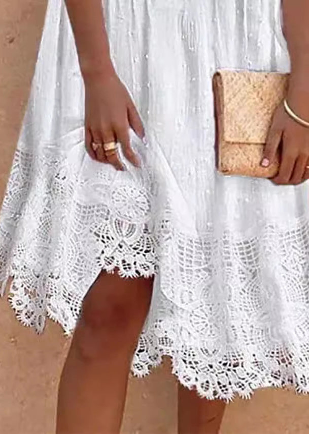Swiss Dot Pintuck Pleat V-Neck Puff Sleeve Crochet Lace Hem Midi Dress