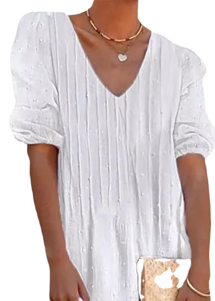 Swiss Dot Pintuck Pleat V-Neck Puff Sleeve Crochet Lace Hem Midi Dress