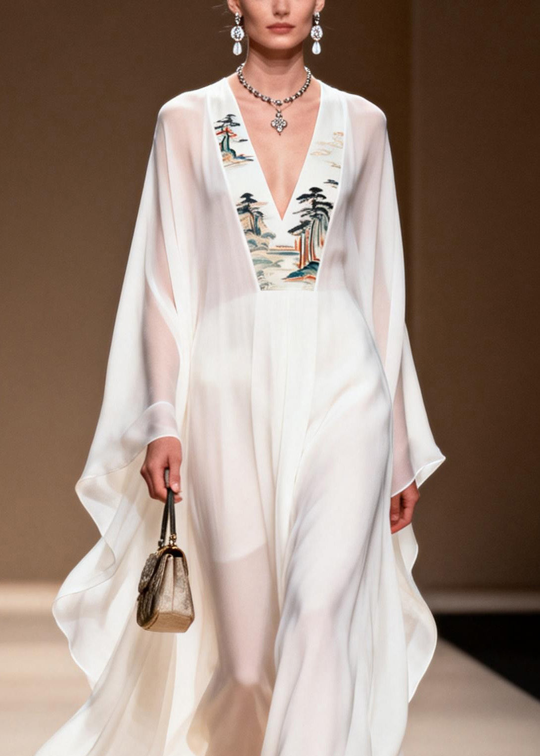 Landscape Embroidery Border Deep V-Neck Cape Sleeve Kaftan Maxi Gown