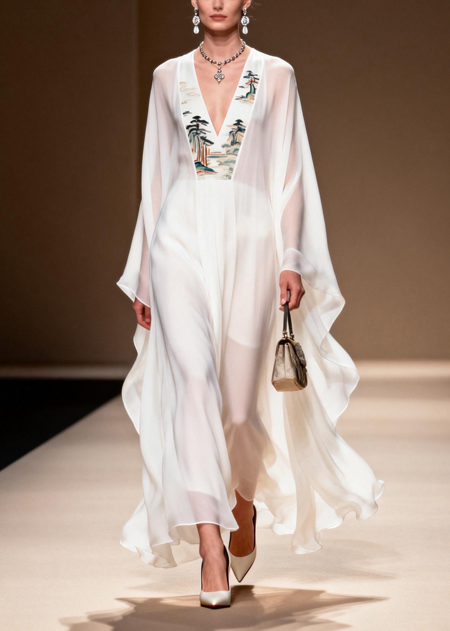 Landscape Embroidery Border Deep V-Neck Cape Sleeve Kaftan Maxi Gown