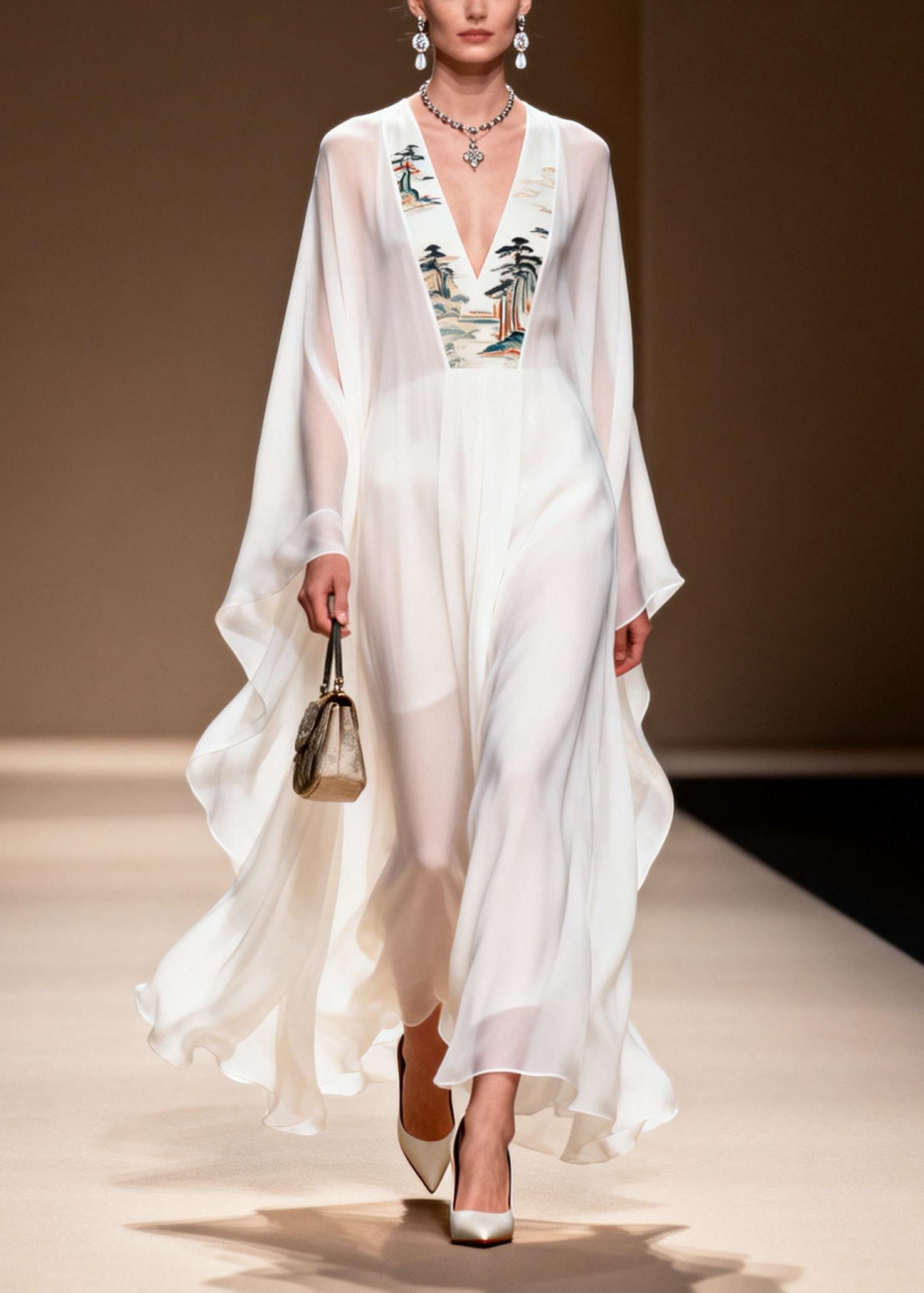 Landscape Embroidery Border Deep V-Neck Cape Sleeve Kaftan Maxi Gown