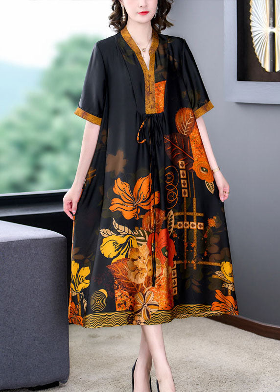 Satin Botanical Print Mandarin Collar V-Neck Drawstring Waist Short Sleeve Midi Dress