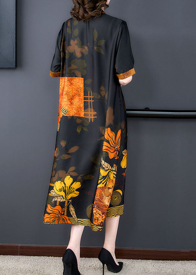 Satin Botanical Print Mandarin Collar V-Neck Drawstring Waist Short Sleeve Midi Dress