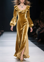 Plus Size Yellow Ruffled Patchwork Velvet Long Dress Fall