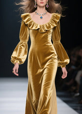 Plus Size Yellow Ruffled Patchwork Velvet Long Dress Fall 2