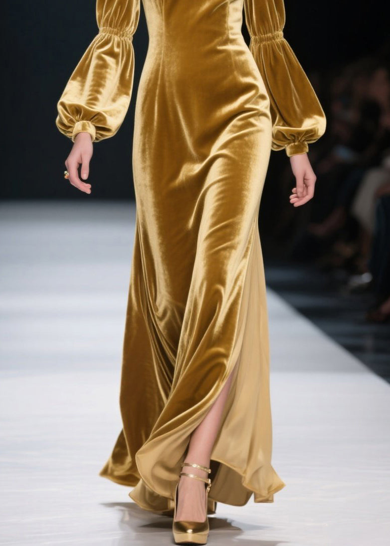 Plus Size Yellow Ruffled Patchwork Velvet Long Dress Fall 4