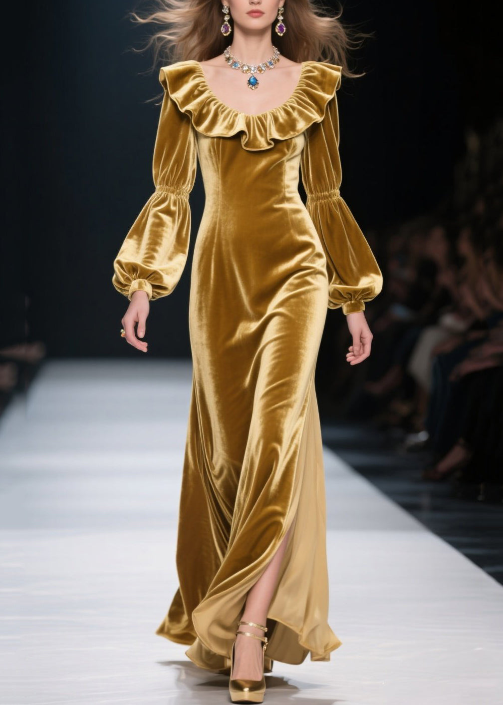 Plus Size Yellow Ruffled Patchwork Velvet Long Dress Fall 5