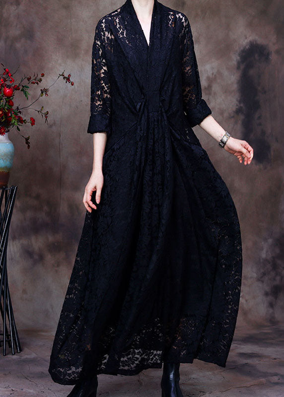 Lace V-Neck Three Quarter Sleeve Gathered Waist Loose Maxi Dress