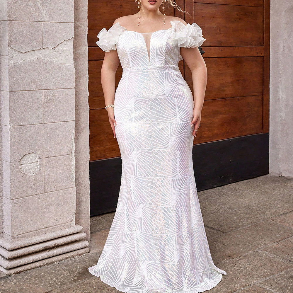 Sequin Off Shoulder Puff Sleeve Mermaid Maxi Gown