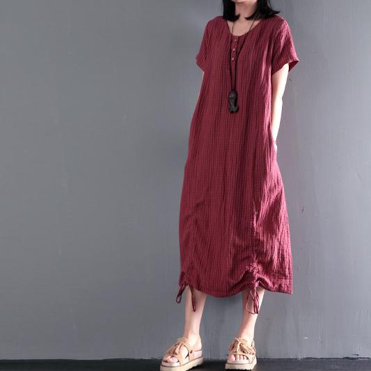 Plus size burgundy linen long sundress causal summer linen dresses drawstring at the hem