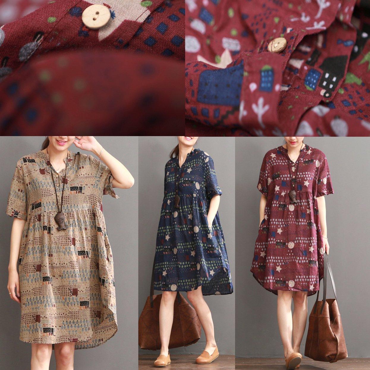 Plus size print summer dress loose fit shift dresses burgundy
