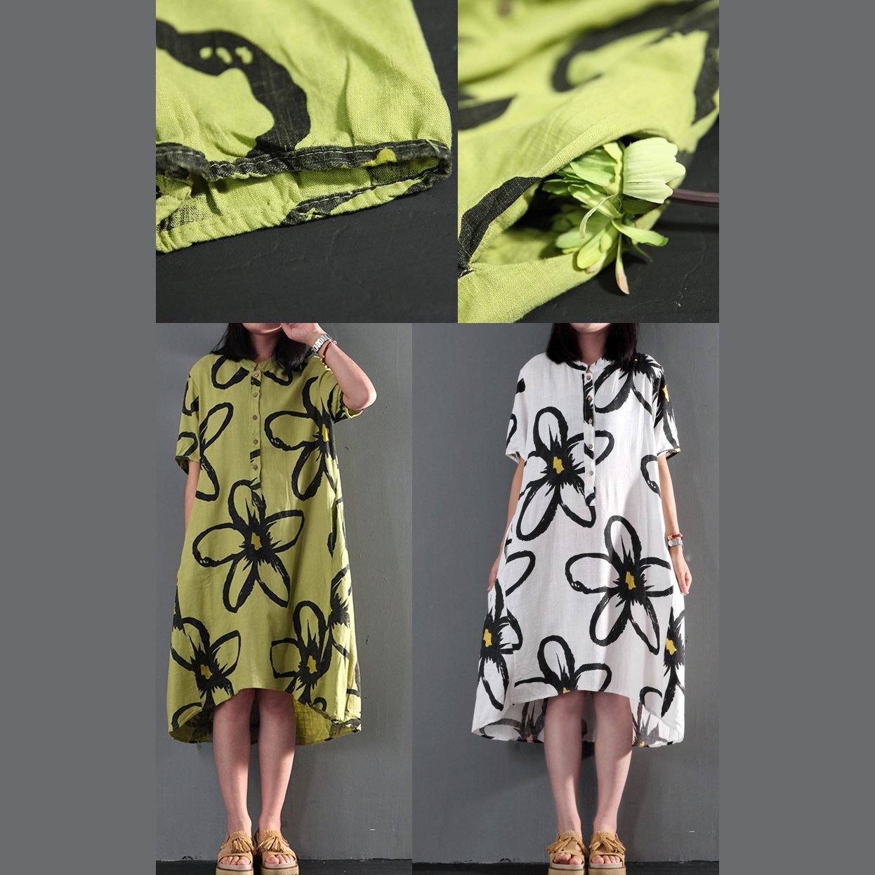Plus Size Sundress White Linen Summer Maxi Dress Floral Shift Dresses