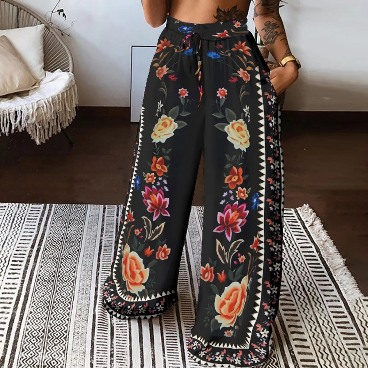 Floral Border Print Drawstring High Waist Wide Leg Palazzo Pants