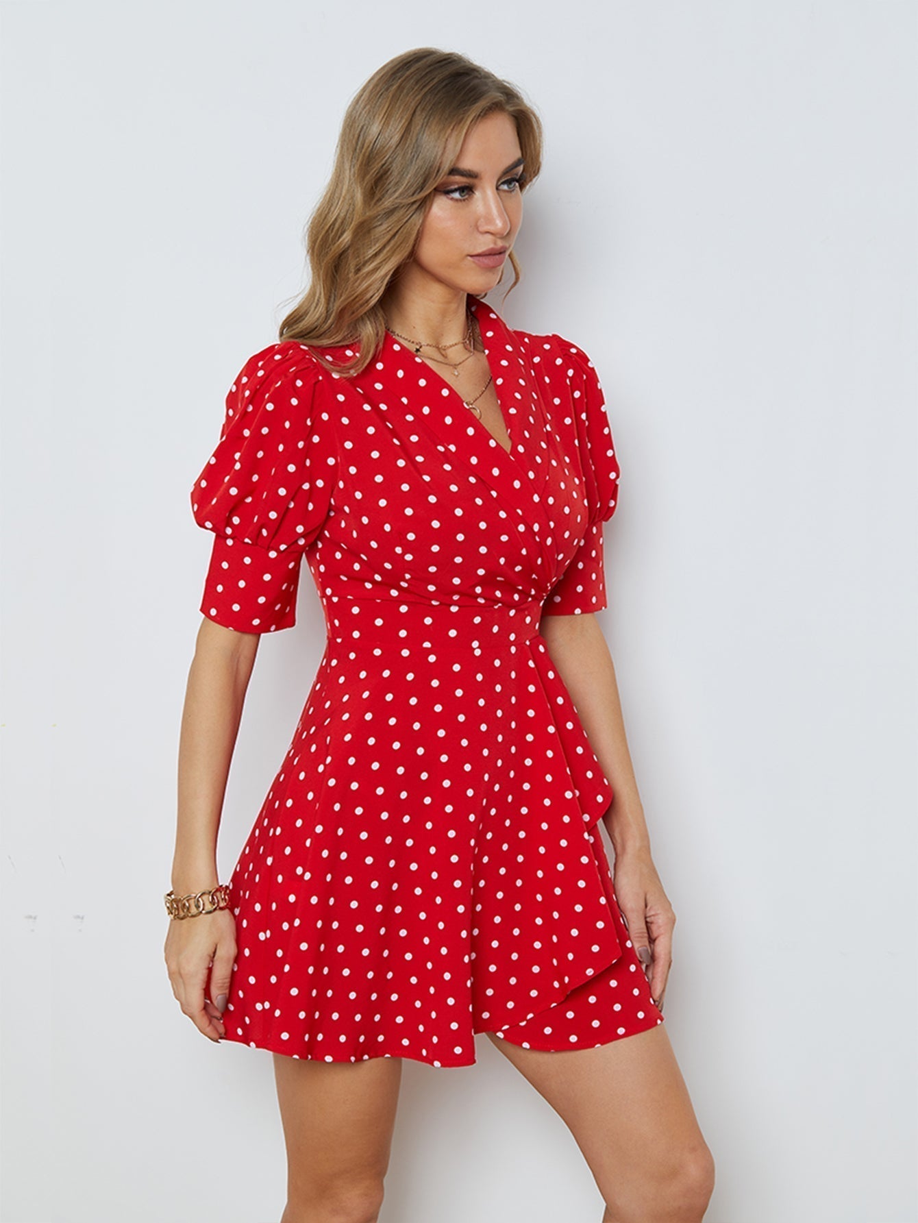 Polka Dots Puff Sleeve Ruffled Dress