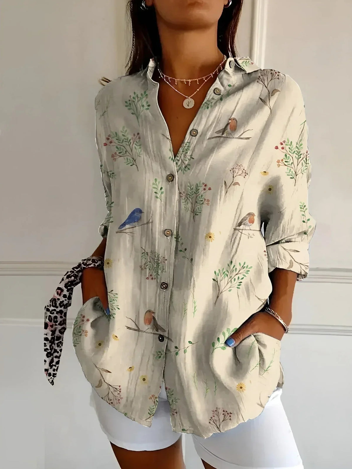 Floral Patchwork Print Collared Long Sleeve Shirt