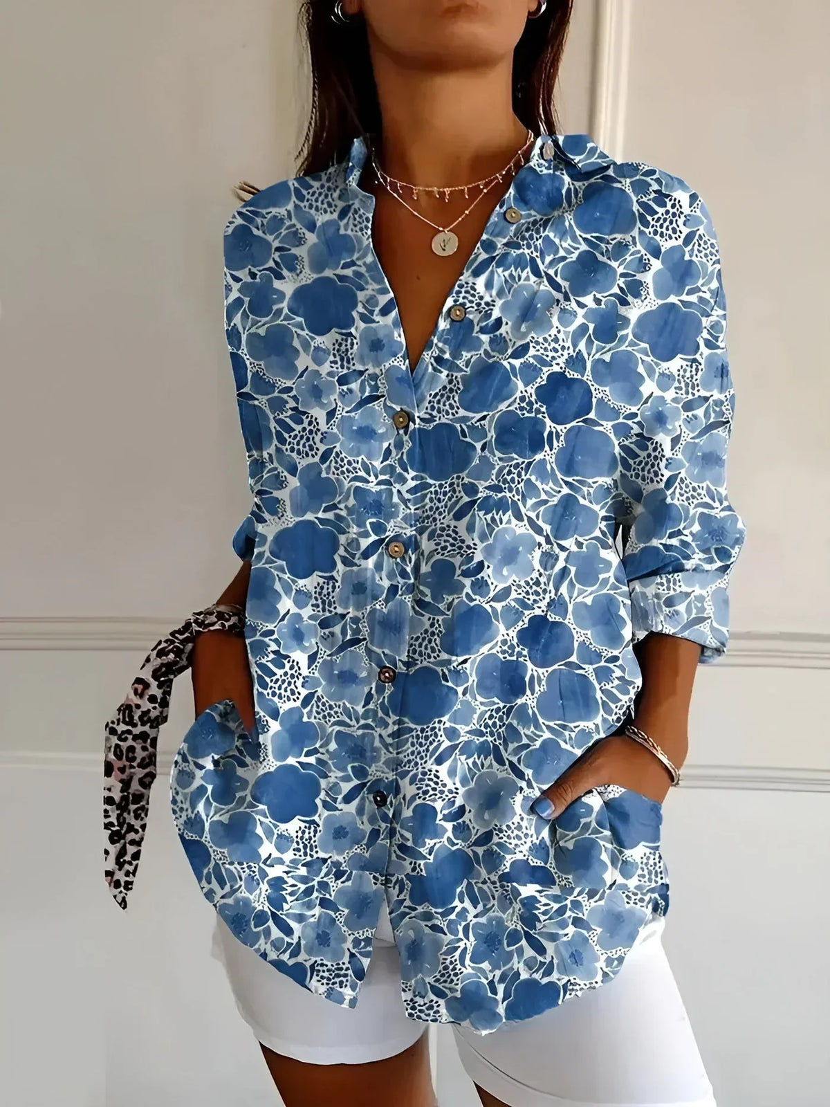 Floral Patchwork Print Collared Long Sleeve Shirt