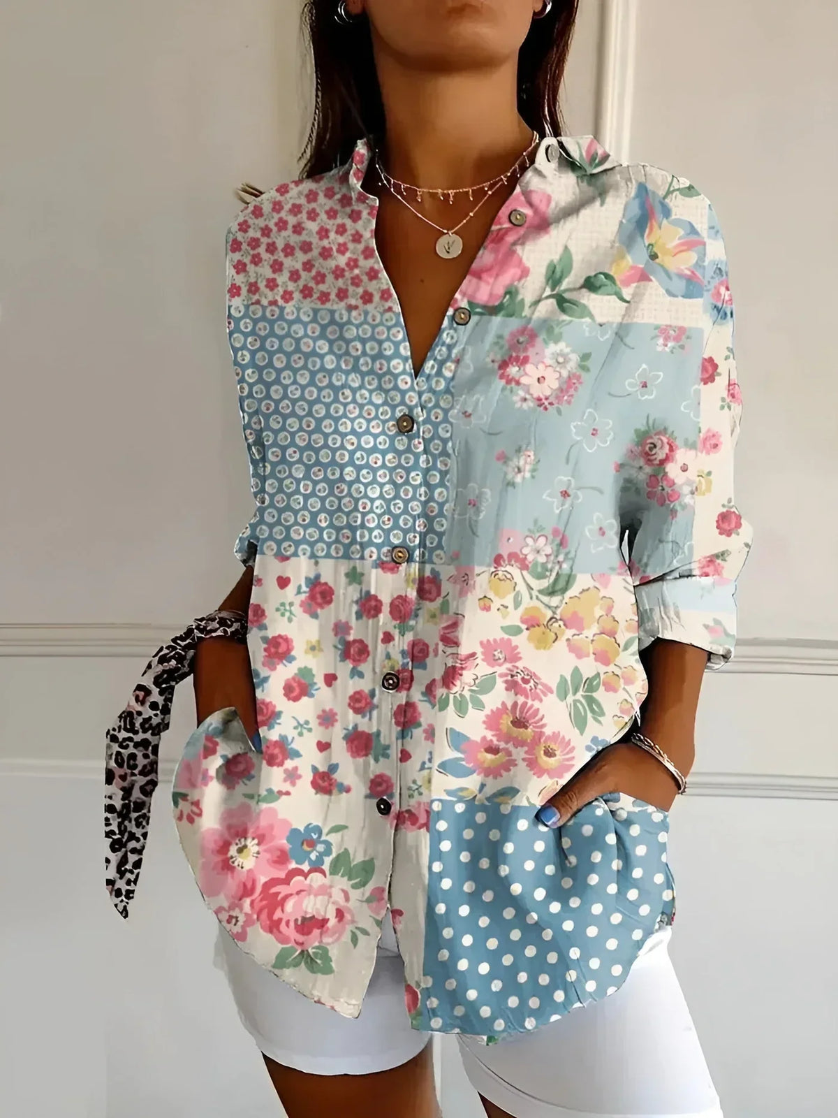 Floral Patchwork Print Collared Long Sleeve Shirt