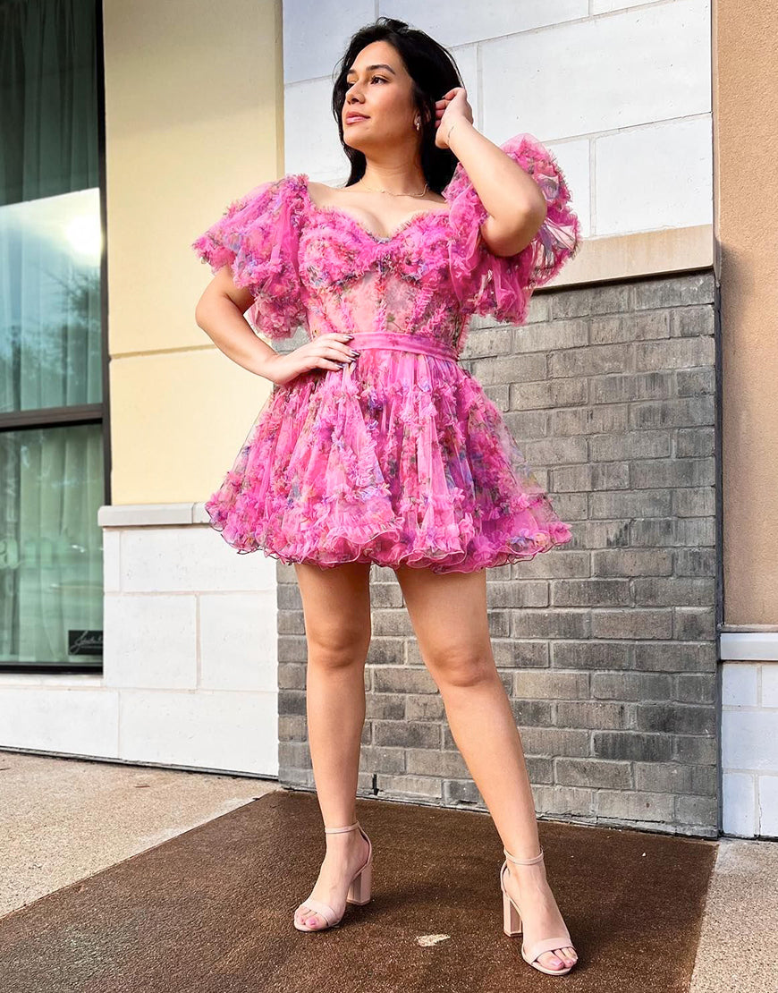 Pretty Cute Puff Sleeves A-Line Short Homecoming Party Dress