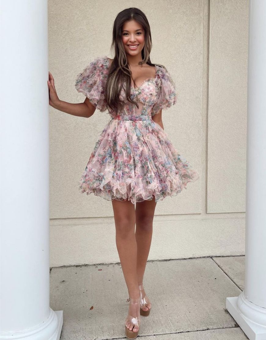 Pretty Cute Puff Sleeves A-Line Short Homecoming Party Dress