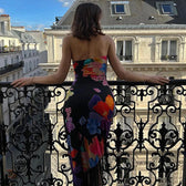 Print Off Shoulder Ruffle Strapless Backless Sleeveless SlimEvening Vestidos Floral Dress