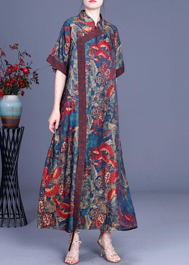 Mandarin Collar Diagonal Wrap Short Sleeve Wave Floral Print Maxi Dress