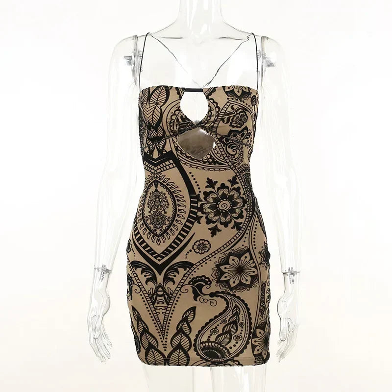 Paisley Floral Print Spaghetti Strap Cut Out Bodycon Mini Dress 3