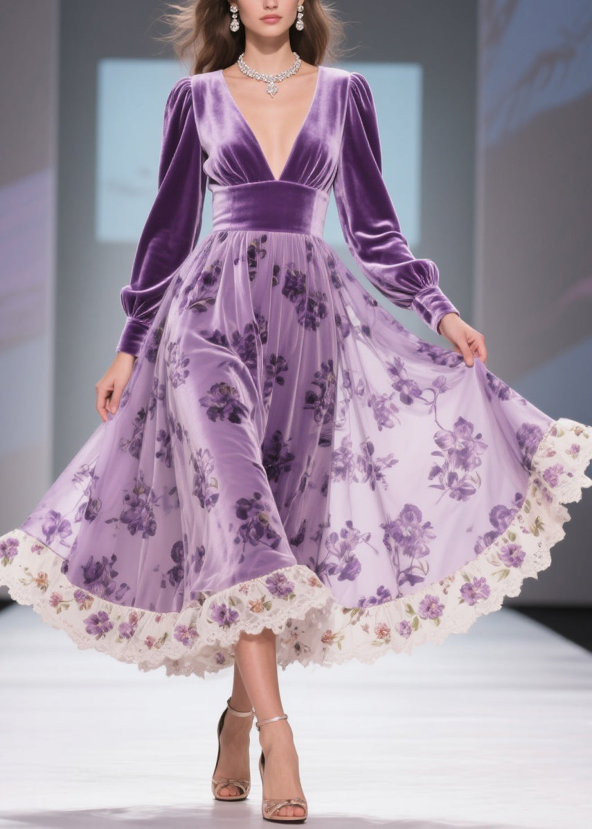 Velvet Deep V-Neck Bishop Sleeve Burnout Floral Skirt Lace Trim Midi Dress