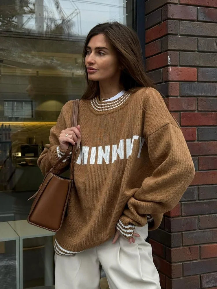 Printed Striped Cozy Stylish Loose Round Neck Comfortable Trendy Sweater