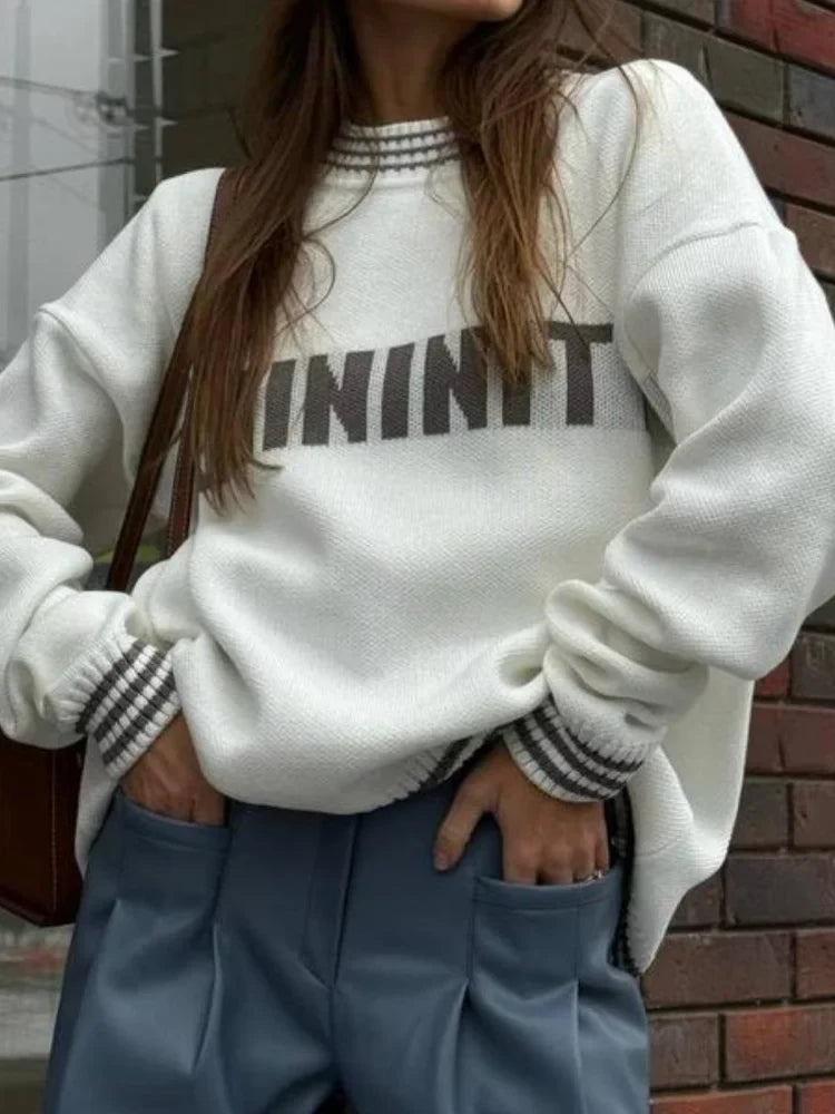 Printed Striped Cozy Stylish Loose Round Neck Comfortable Trendy Sweater