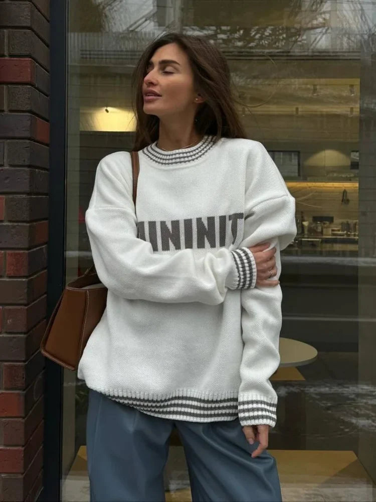 Printed Striped Cozy Stylish Loose Round Neck Comfortable Trendy Sweater