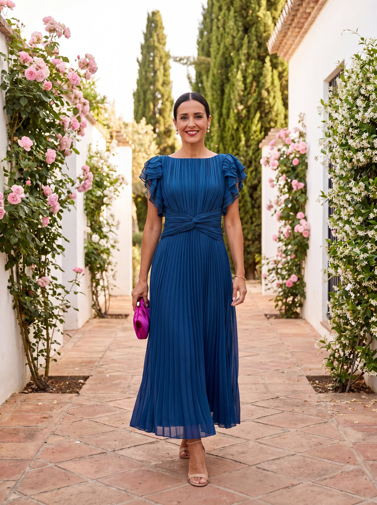 Flutter Sleeve Twist Waist Pleated Maxi Dress