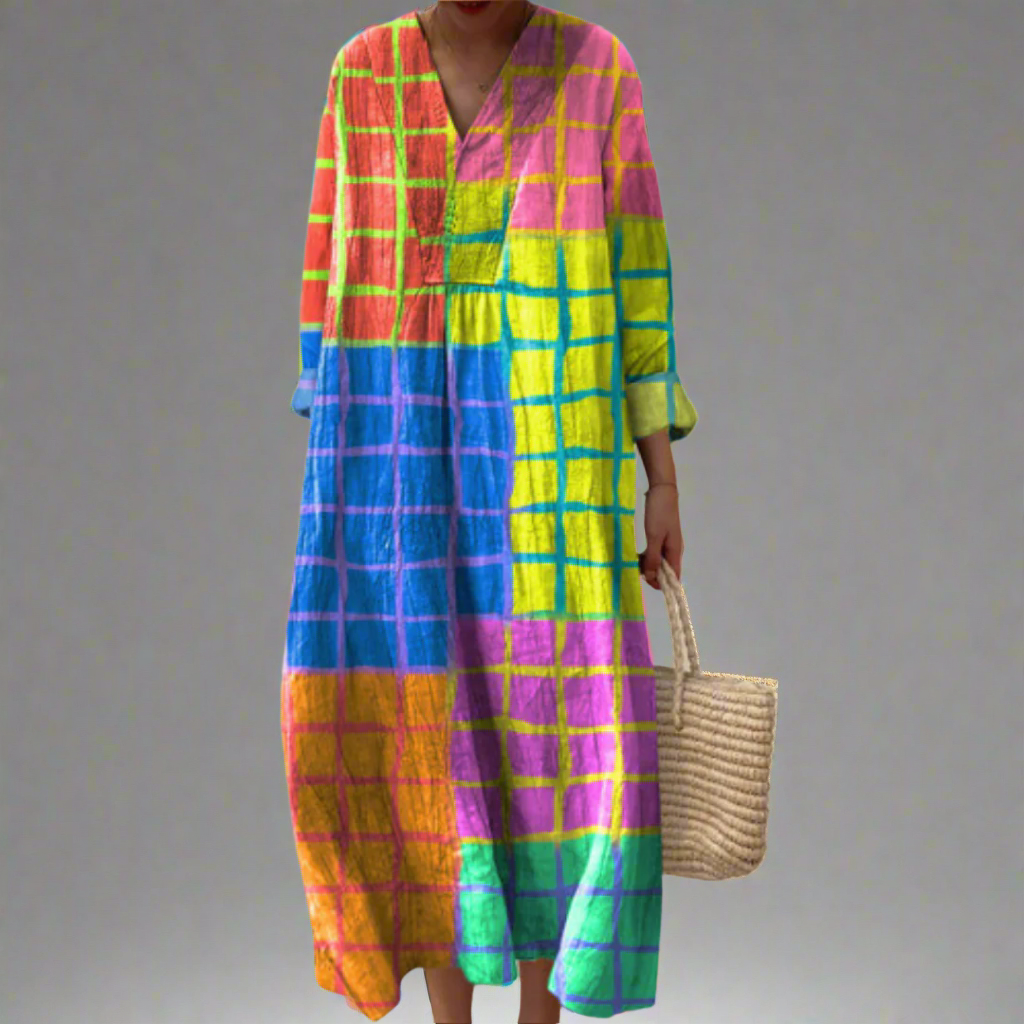 Plaid Print V-Neck Long Sleeve Loose Maxi Dress