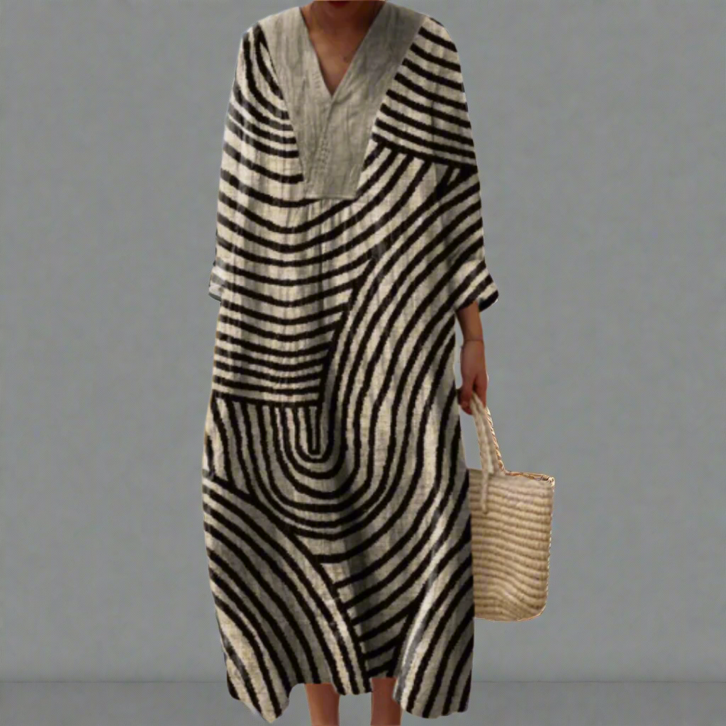 Geometric Stripe Print V-Neck Long Sleeve Linen-Look Maxi Dress